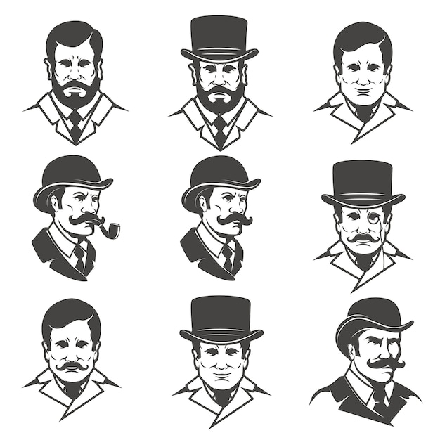 Conjunto de cabezas de caballero sobre fondo blanco. elementos para, etiqueta, emblema, póster, camiseta. ilustración.