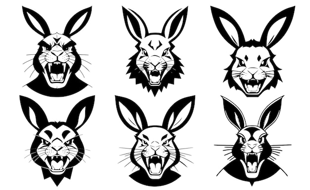 Conjunto de cabezas de conejo con la boca abierta y colmillos desnudos con diferentes expresiones enojadas del bozal Símbolos para el emblema del tatuaje o logotipo aislado en un fondo blanco