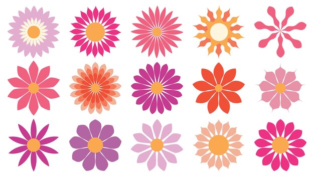 Conjunto de cabezas de flores de estilo plano de colores brillantes Elementos de diseño