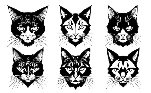 Conjunto de cabezas de gato con diferentes expresiones tranquilas del hocico Símbolos para emblema o logotipo de tatuaje aislados en un fondo blanco