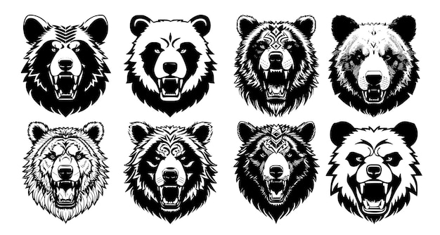 Conjunto de cabezas de oso con la boca abierta y colmillos desnudos con diferentes expresiones enojadas del bozal Símbolos para el emblema del tatuaje o logotipo aislado en un fondo blanco
