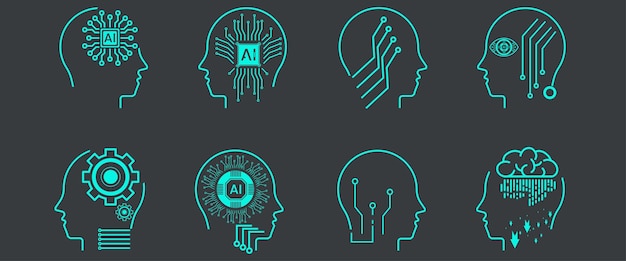 Conjunto de cabezas de robots de aprendizaje automático de estilo línea de IA Colección de íconos de inteligencia artificial inteligentes