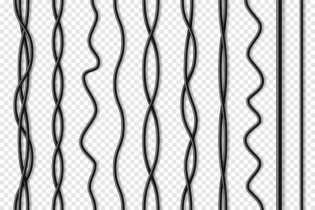 Conjunto de cables flexibles negros con cable eléctrico de sombra de potencia realista o vector de cable de red