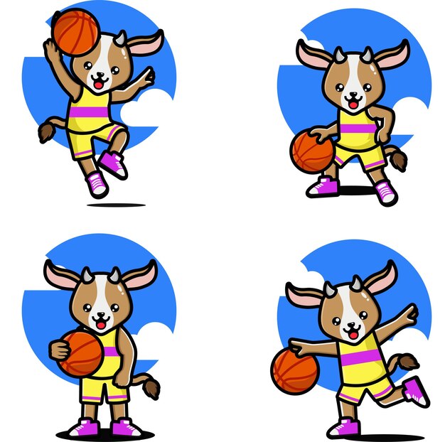 Conjunto de cabra linda feliz jugando baloncesto