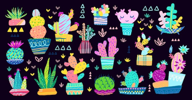 Vector conjunto de cactus brillantes con flores en macetas.