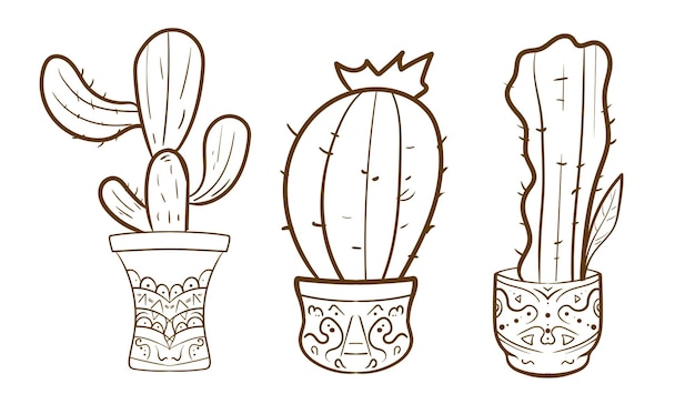 Vector conjunto de cactus dibujado a mano plantas de caktus elementos de la naturaleza plantas de boceto arte de línea