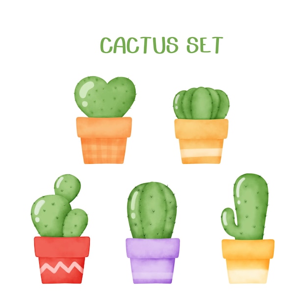 Conjunto de cactus dibujados a mano acuarela.
