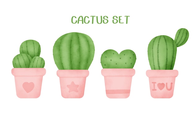 Conjunto de cactus dibujados a mano acuarela.