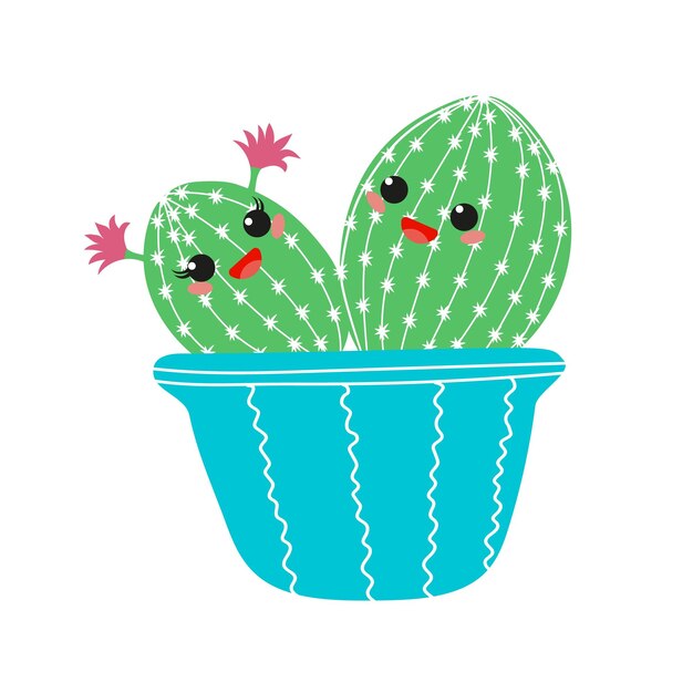 Conjunto de cactus dibujados a mano Carácter suculento lindo Vector ilustración plana
