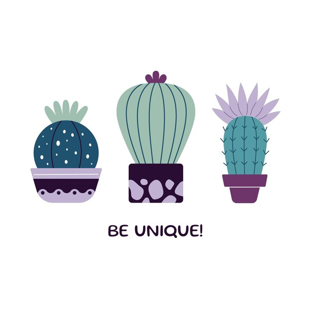 Conjunto de cactus en flor en ollas Cacto de dibujos animados lindo Cartel postal vectorial de estilo boho escandinavo Sea un eslogan único