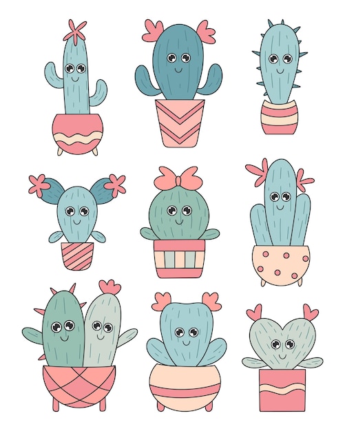 Conjunto de cactus kawaii Personajes lindos manojo de cactus Suculentas divertidas en macetas