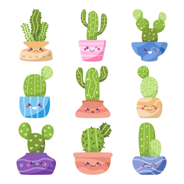 Vector conjunto de cactus kawaii