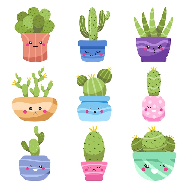 Vector conjunto de cactus kawaii