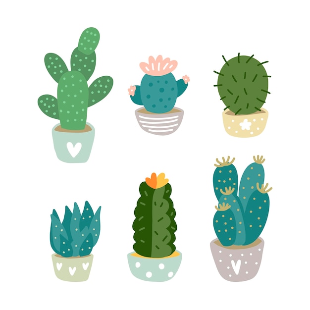 Conjunto de cactus lindo Colección de cactus suculentas de dibujos animados Ilustración de vector dibujado a mano