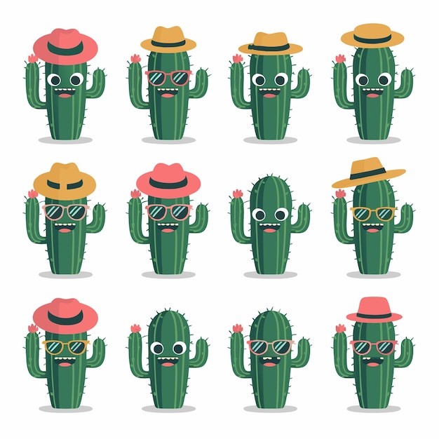 Conjunto de cactus lindos con varias formas y dibujos emocionales en estilo de dibujos animados