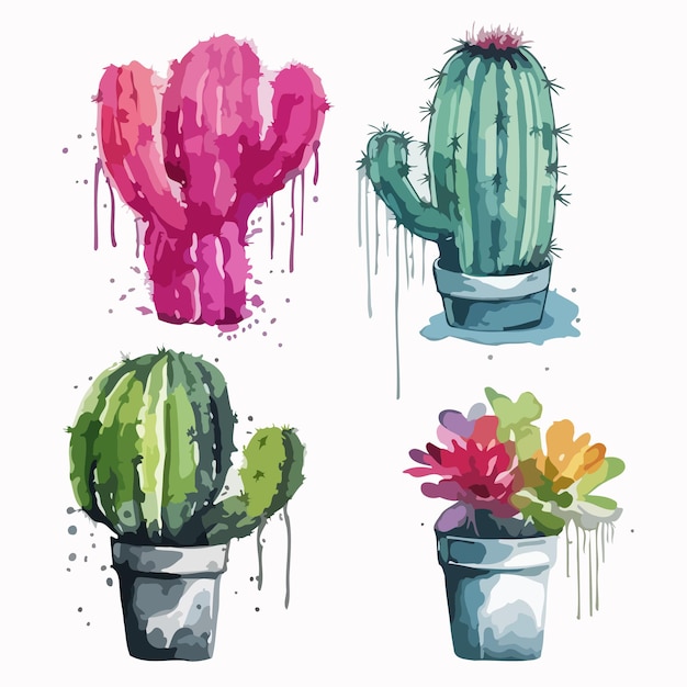 Vector conjunto de cactus paquete de pintura de acuarela de cactus