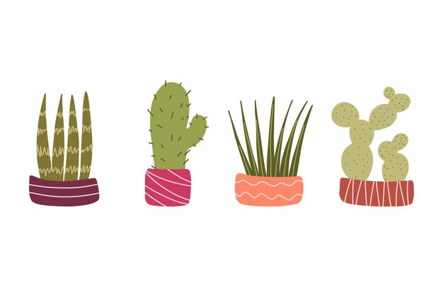 Conjunto de cactus. Planta suculenta de cactus espinoso dibujado a mano con maceta de espinas. Desierto de doodle dibujado a mano