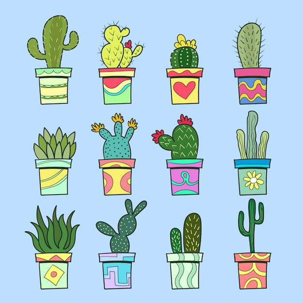 Conjunto de cactus y suculentas. dibujos animados de plantas en macetas. ilustración vectorial