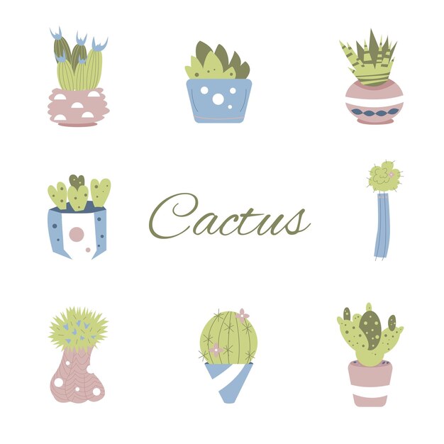 Un conjunto de cactus suculentos en un suave color de moda para el diseño y la decoración