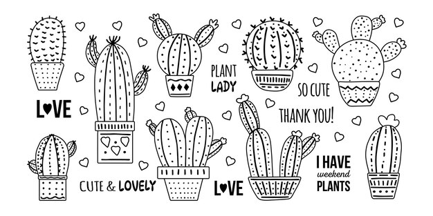 Conjunto de cactus vectoriales dibujados a mano Diseño gráfico de plantas espinosas que florecen