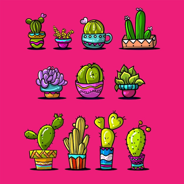 conjunto de cactus vectoriales en hermosas macetas de flores sobre un fondo rosa