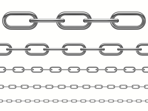 Conjunto de cadena de plata. Enlaces de joyería de sleel realistas sin costuras. Cadenas metálicas finas de lujo. Vector