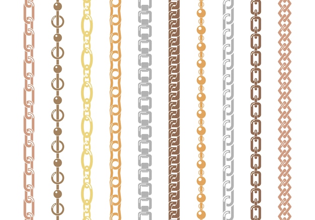 Vector conjunto de cadenas de colores aisladas sobre fondo blanco. conjunto de cadenas verticales y horizontales de plata y oro de diversas formas y espesores de adorno.