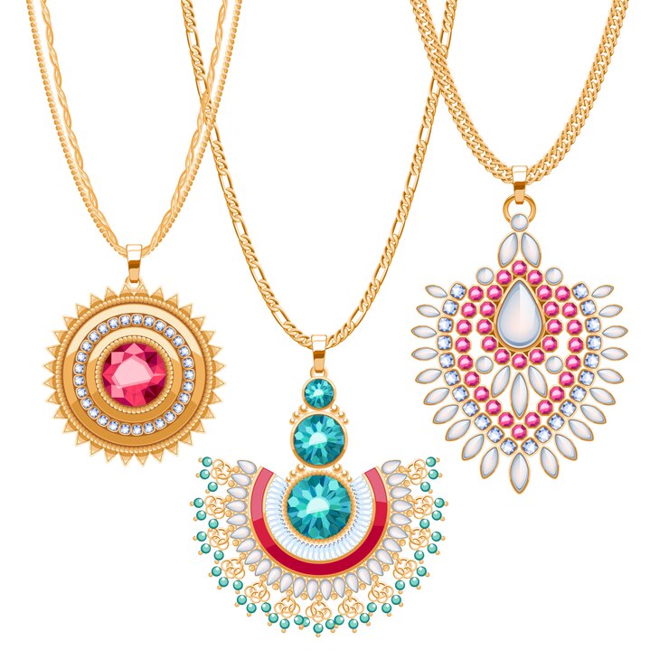 Vector conjunto de cadenas doradas con diferentes colgantes. collares preciosos. broches colgantes de estilo étnico indio con perlas de gemas. incluye cepillos de cadenas.