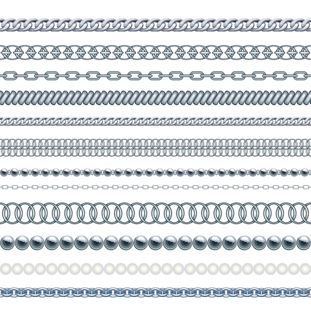 Conjunto de cadenas de metal plateado y cuerdas aisladas en blanco