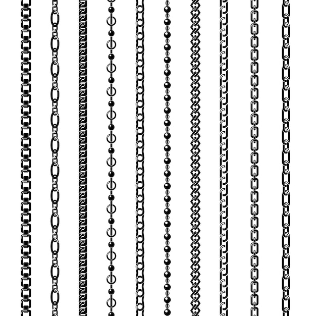 Conjunto de cadenas negras aisladas sobre fondo blanco. Conjunto de cadenas verticales y horizontales negras de silueta de varias formas y espesores de adornos.