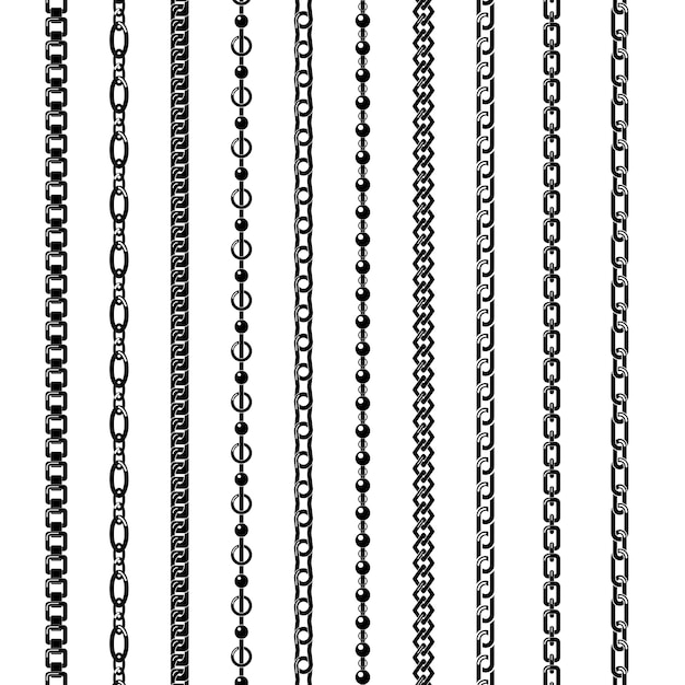 Vector conjunto de cadenas negras aisladas sobre fondo blanco. conjunto de cadenas verticales y horizontales negras de silueta de varias formas y espesores de adornos.