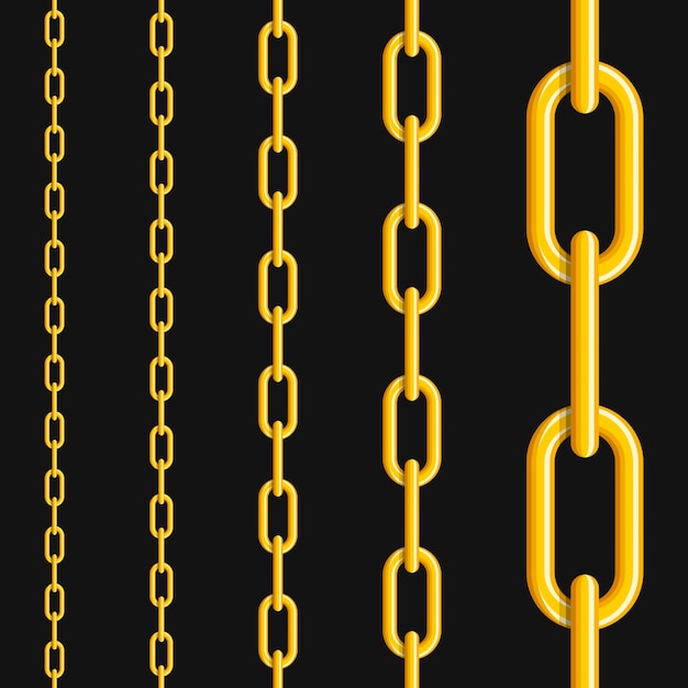 Conjunto de cadenas de oro sin costura de color plata aisladas sobre fondo negro patrón sin costura de cadena de oro
