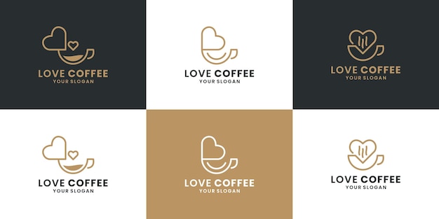 Conjunto de café de amor creativo, cafetería, vector de diseño de logotipo