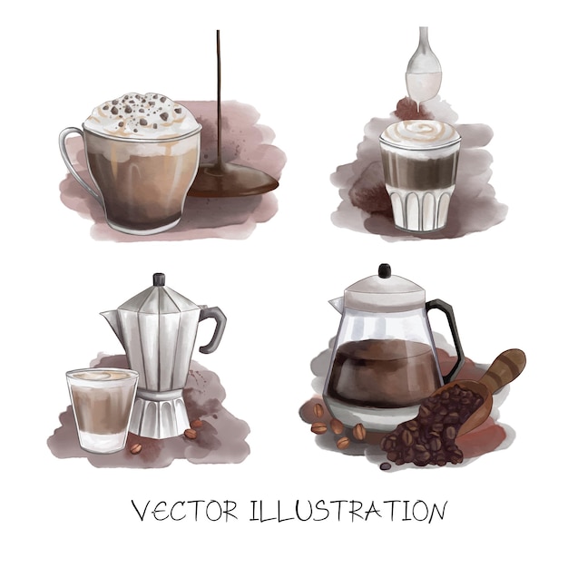 Vector conjunto de café y máquina de café ilustración acuarela