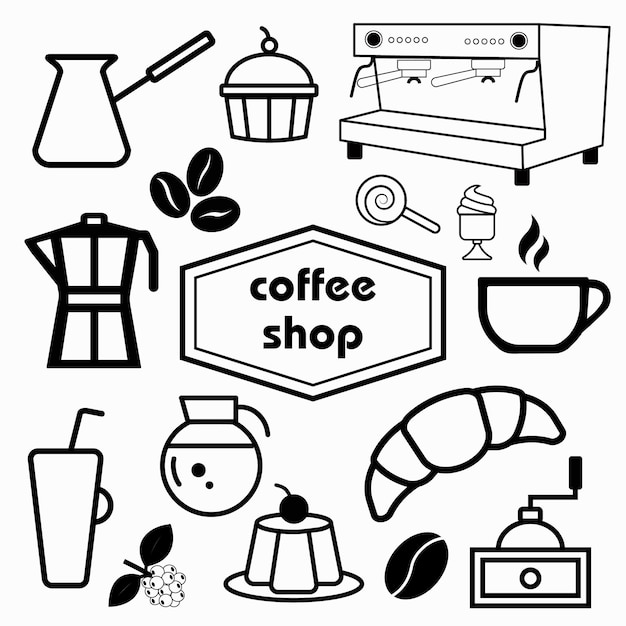 Conjunto, de, café, vector, ilustración, cafetera, máquina, espresso, taza, capuchino, latte, aislado