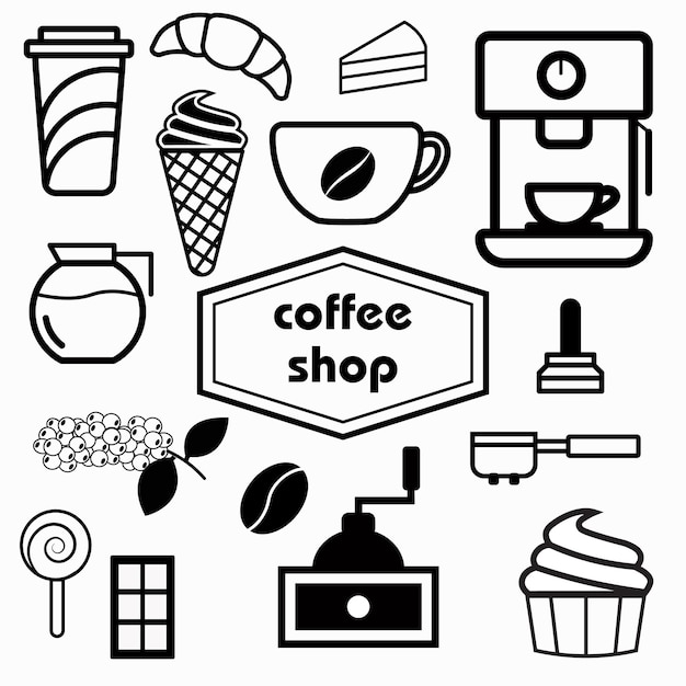 Conjunto, de, café, vector, ilustración, cafetera, máquina, espresso, taza, capuchino, latte, aislado