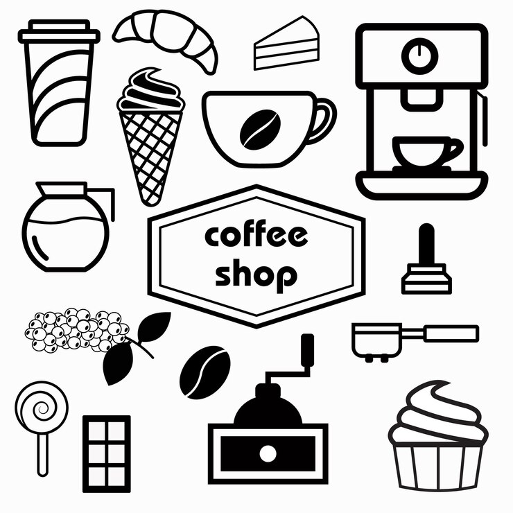 Conjunto, de, café, vector, ilustración, cafetera, máquina, espresso, taza, capuchino, latte, aislado