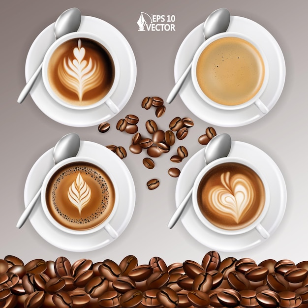 Conjunto de café vectorial realista arte latte granos de café textura continua ilustración de alimentos aislados en 3D