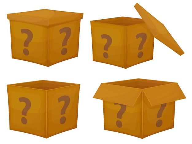Conjunto de caja de cartón de concurso de misterio Varios de icono de pregunta de regalo de caja misteriosa