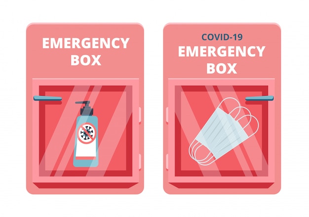 Vector conjunto de caja de emergencia con gel desinfectado y máscaras médicas en estuche rojo de vidrio rompible. concepto de fenómeno de escasez de coronavirus. protección covid-19.