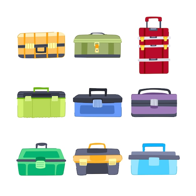 conjunto de caja de herramientas kit de dibujos animados kit de herramientas de carpintería servicio martillo mecánico caja de herramientas signo símbolo aislado ilustración vectorial