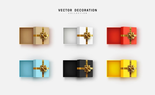 Conjunto de caja de regalo abierta vacía con un exuberante lazo dorado. la colección de regalos realistas presenta una vista superior plana. objetos de render 3d decorativos coloridos festivos. ilustración vectorial