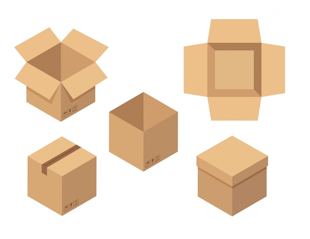 Vector conjunto de cajas abiertas y cerradas. vista superior de la caja de cartón marrón.