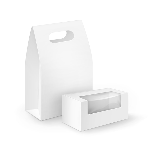 Vector conjunto de cajas de almuerzo con asa para llevar rectángulo de cartón en blanco blanco empaquetado para sándwich, comida, regalo, otros productos con ventanas de plástico mock up close up isolated