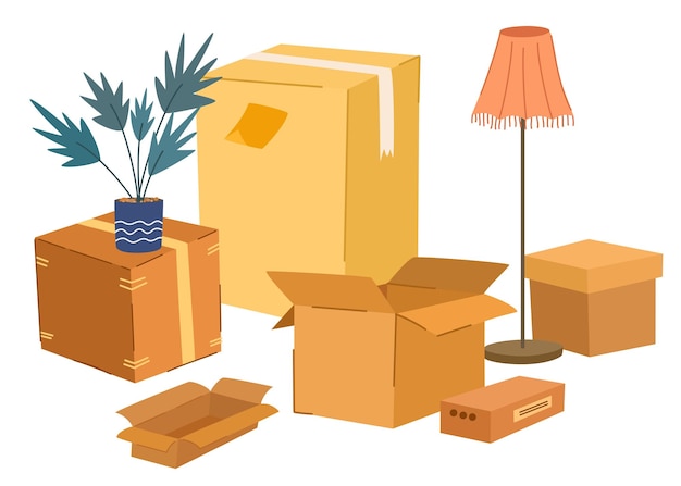Conjunto de cajas Cajas de cartón con varias cosas y plantas Concepto de movimiento y reubicación Ilustraciones aisladas de vectores de color dibujados a mano Diseño de moda de estilo de dibujos animados