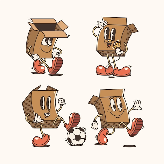 Vector conjunto de cajas de cartón de dibujos animados tradicionales ilustración con poses y expresiones variadas