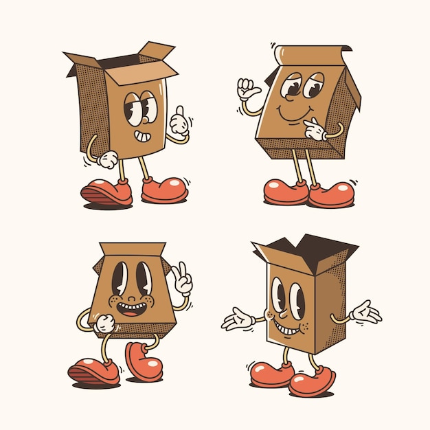 Vector conjunto de cajas de cartón de dibujos animados tradicionales ilustración con poses y expresiones variadas