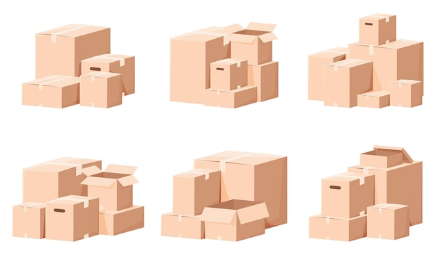 Conjunto de cajas de cartón en diferentes ángulos Ilustración vectorial sobre fondo blanco
