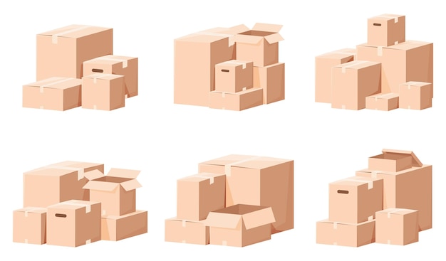 Conjunto de cajas de cartón en diferentes ángulos ilustración vectorial sobre fondo blanco