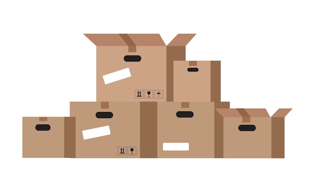 Un conjunto de cajas de cartón con etiquetas Ilustración en estilo plano